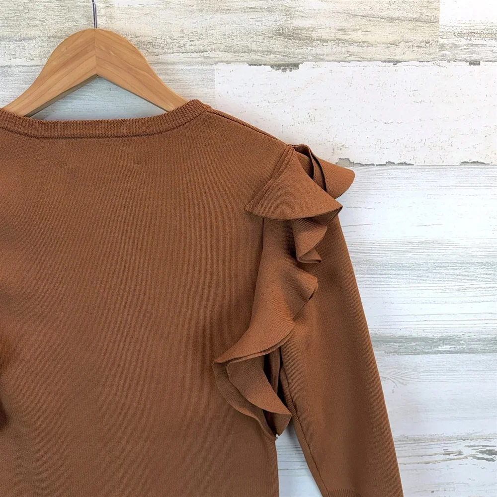 Apparalel Ruffled Shoulder Long Sleeve Top Brown Size Small - Picture 9 of 12